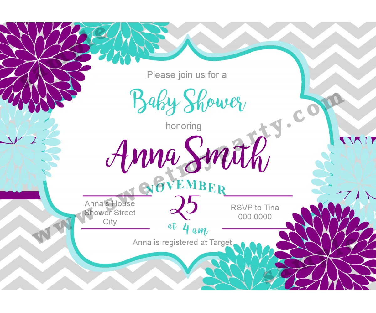 Floral Purple Aqua Blue Baby Shower Invitation,(02bbg)
